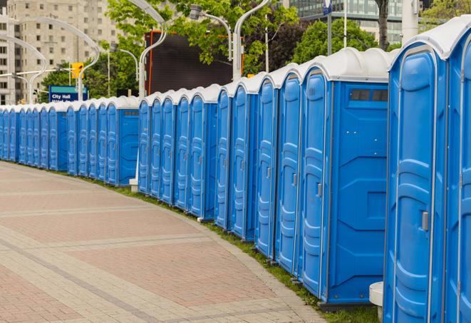 a line of portable restrooms set up for a wedding or special event, ensuring guests have access to comfortable and clean facilities throughout the duration of the celebration in Allentown